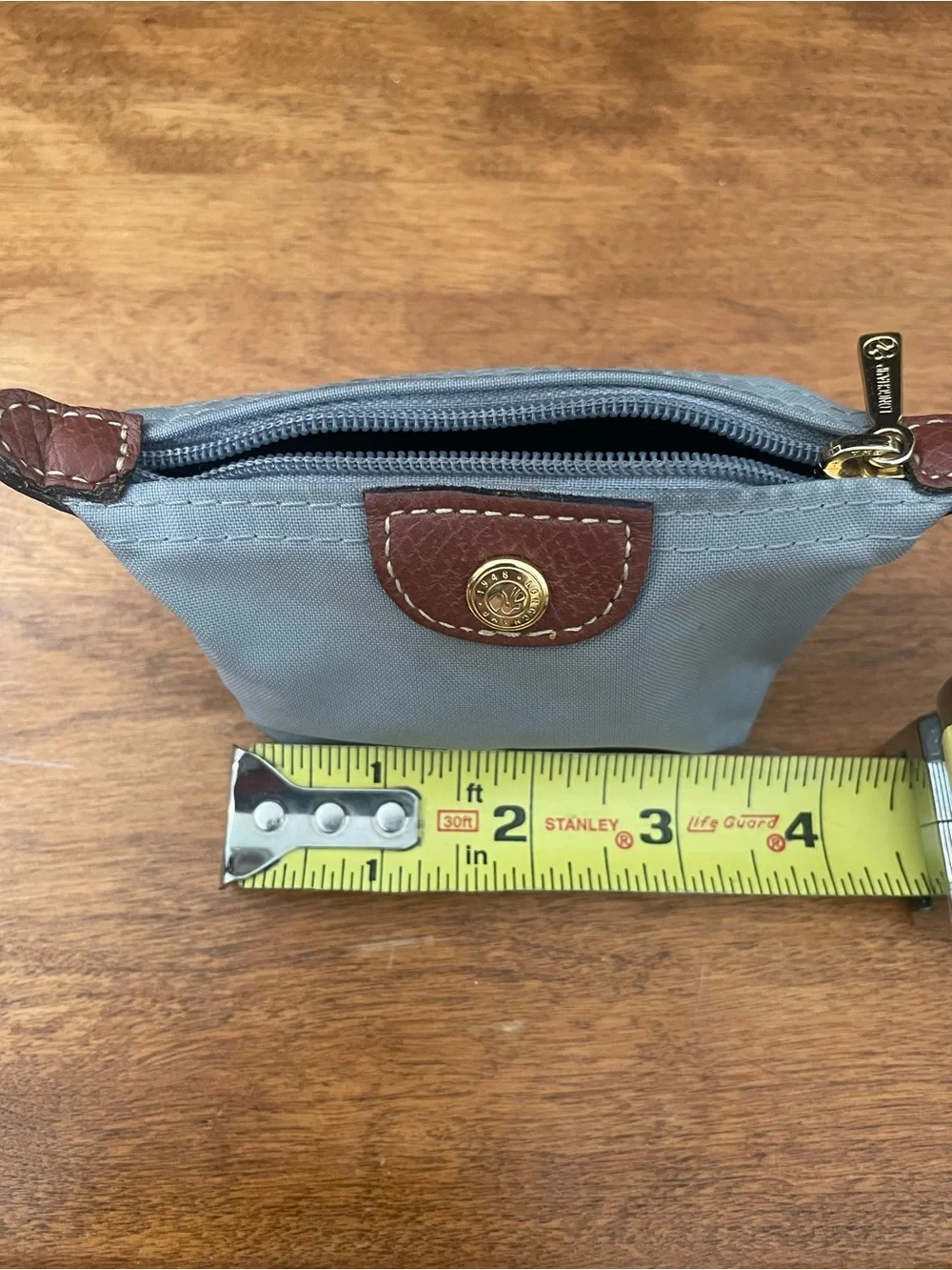 Longchamp Small Gray Pouch with Brown Leather Trim